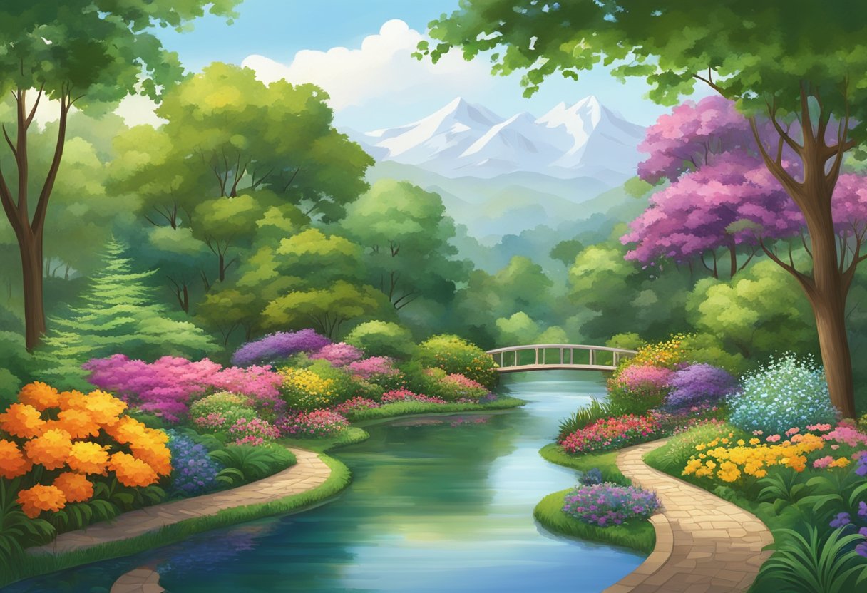Lush greenery and colorful flowers fill the botanical gardens. A winding path leads through the vibrant foliage, with a tranquil pond and towering trees in the background