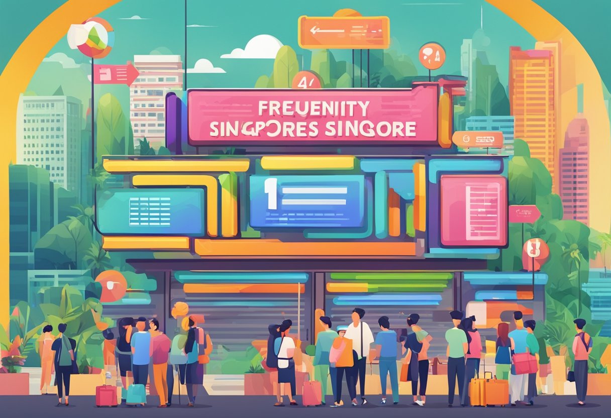 A colorful signboard with "Frequently Asked Questions Singapore 4D" displayed prominently in bold letters, surrounded by curious onlookers