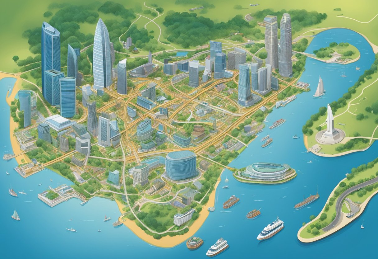 A detailed map of Singapore, showing landmarks and transportation routes, surrounded by informational resources