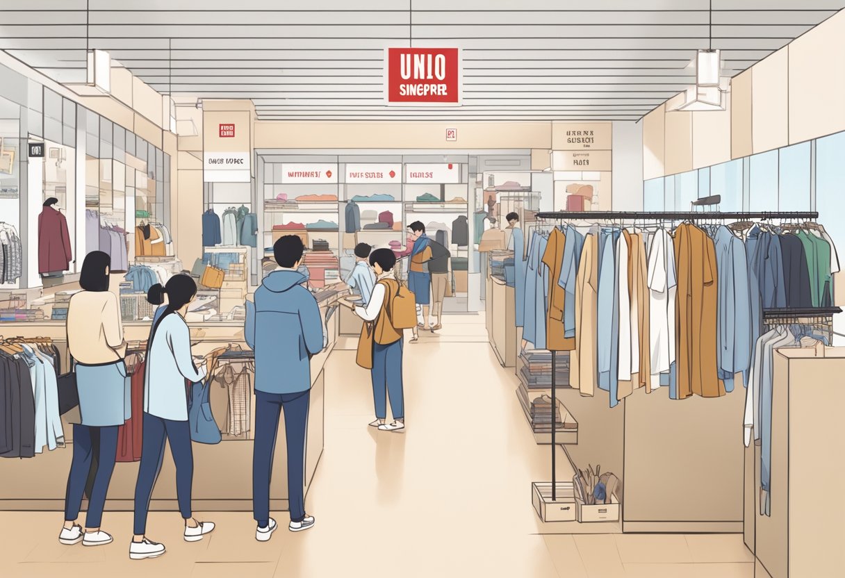 A busy store with customers browsing clothing racks, a counter with staff assisting customers, and a prominent sign displaying "Frequently Asked Questions uniqlo singapore"