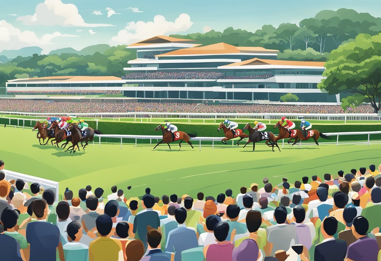 The Singapore Turf Club stands tall against the city skyline, its grandstand filled with eager spectators. Horses thunder down the track as jockeys urge them on, while the lush greenery of the surrounding landscape adds a touch of natural beauty