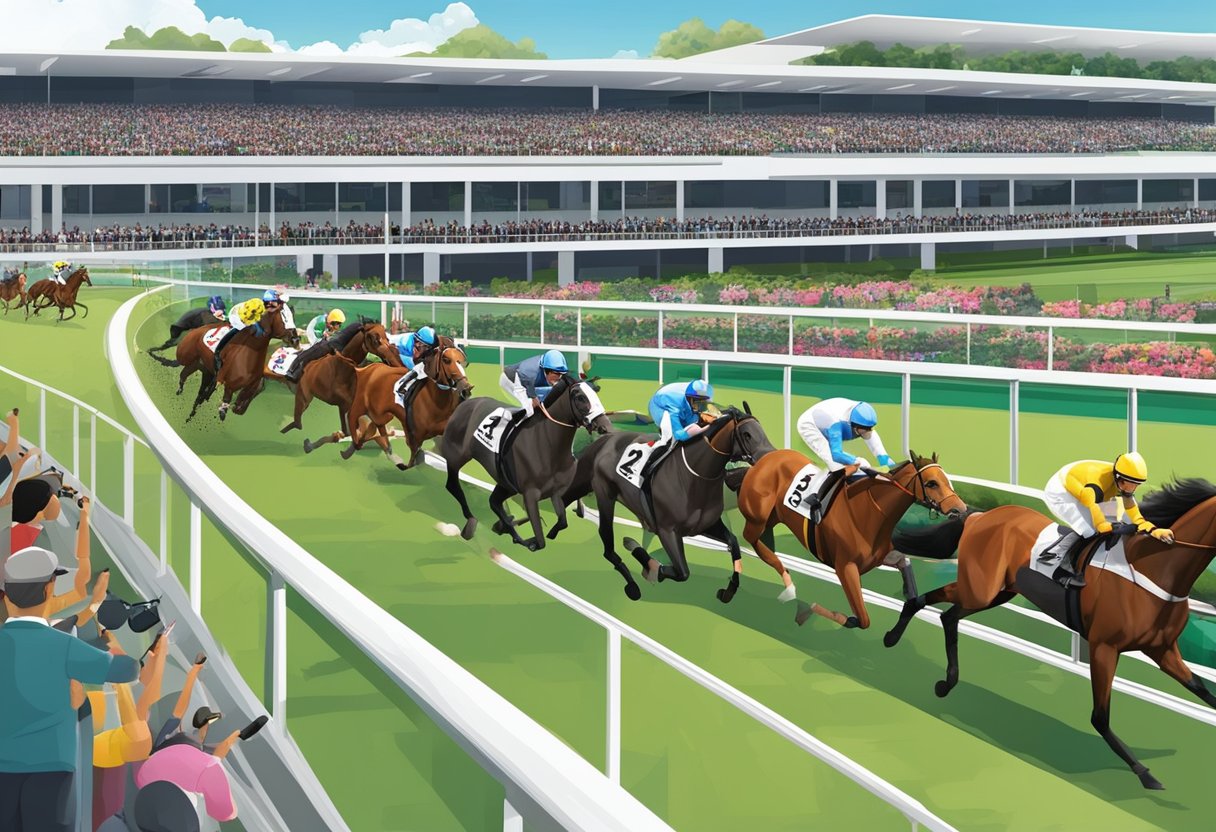 Horses thunder around the track at Singapore Turf Club, surrounded by modern facilities and a bustling atmosphere