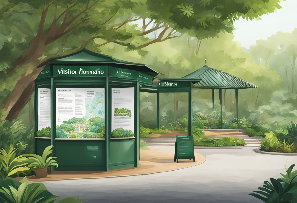 Lush greenery surrounds a kiosk with "Visitor Information" signage in Singapore Botanic Gardens. A map and brochures are displayed