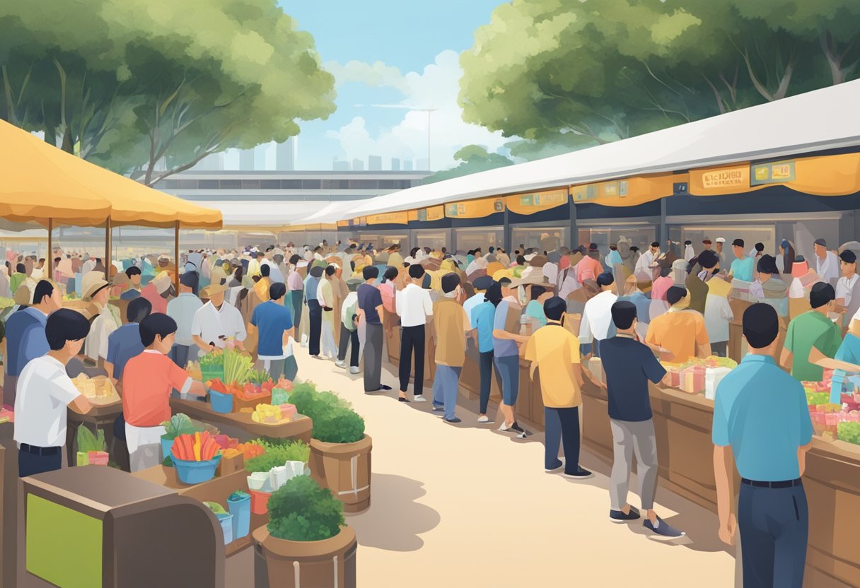 A bustling scene at the Singapore Turf Club with people lining up at information booths and vendors selling refreshments