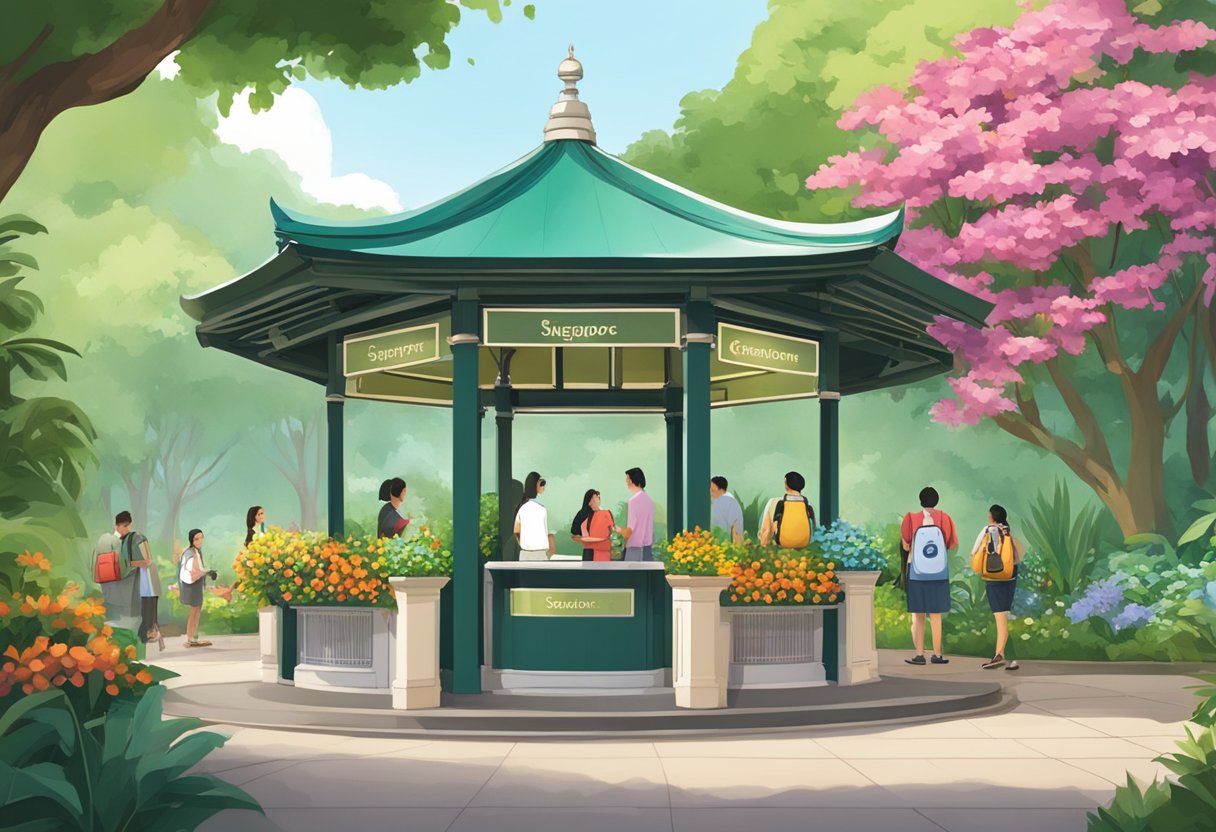 Visitors standing in front of an information kiosk, surrounded by lush greenery and colorful flowers at the Singapore Botanic Gardens