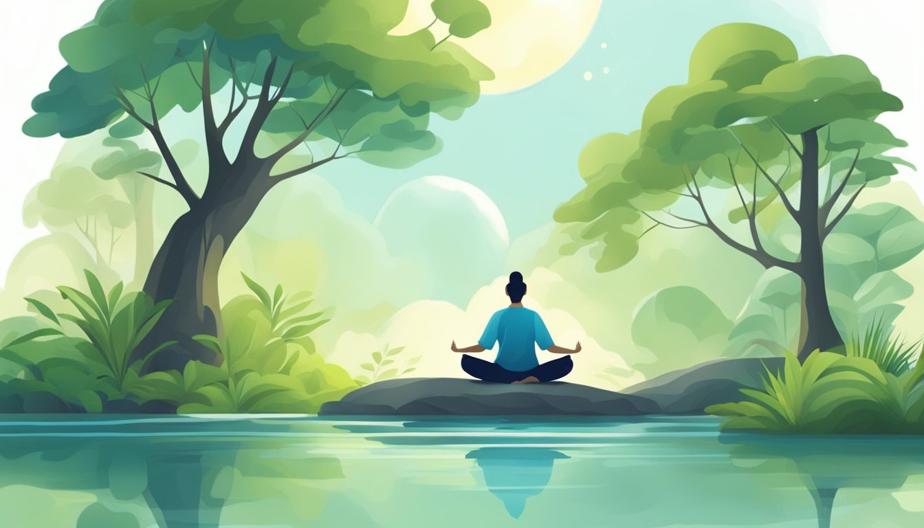 A serene nature scene with calming elements like flowing water, greenery, and sunlight. A person meditating or practicing yoga to alleviate stress