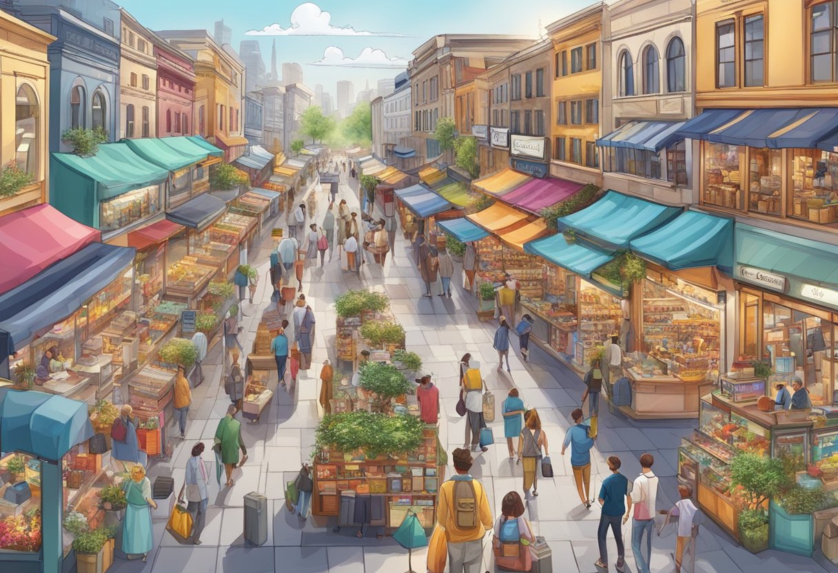 A bustling marketplace with colorful storefronts and busy shoppers, showcasing a variety of products from electronics to fashion items