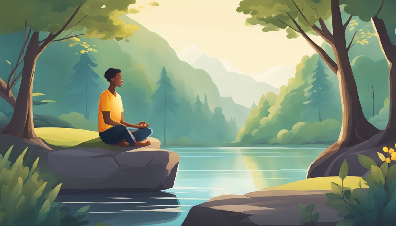 A person sits in a peaceful, natural setting, surrounded by calming elements like trees and water. They are engaged in activities that promote relaxation and stress management, such as meditation or yoga