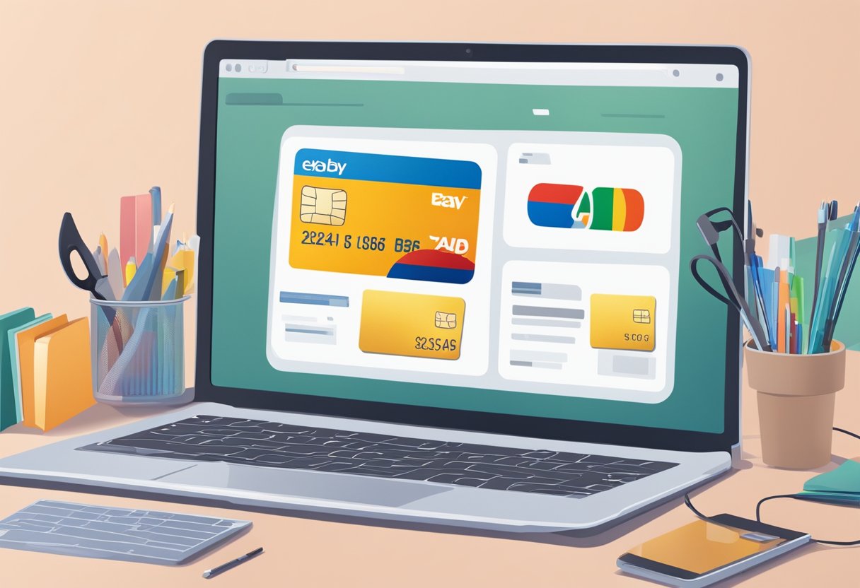 A laptop displaying eBay Singapore with various items for sale. A hand holding a credit card ready for purchase