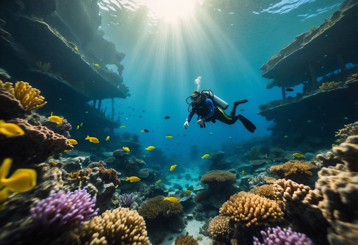 A scuba diver explores a sunken ship in the clear waters of Cincinnati, surrounded by colorful coral and marine life
