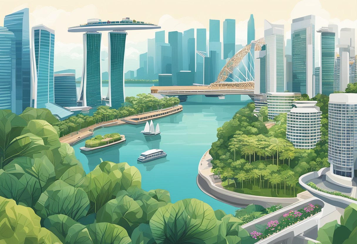 A bustling cityscape of modern skyscrapers and lush greenery, with the iconic Marina Bay Sands and the Singapore Flyer towering in the background