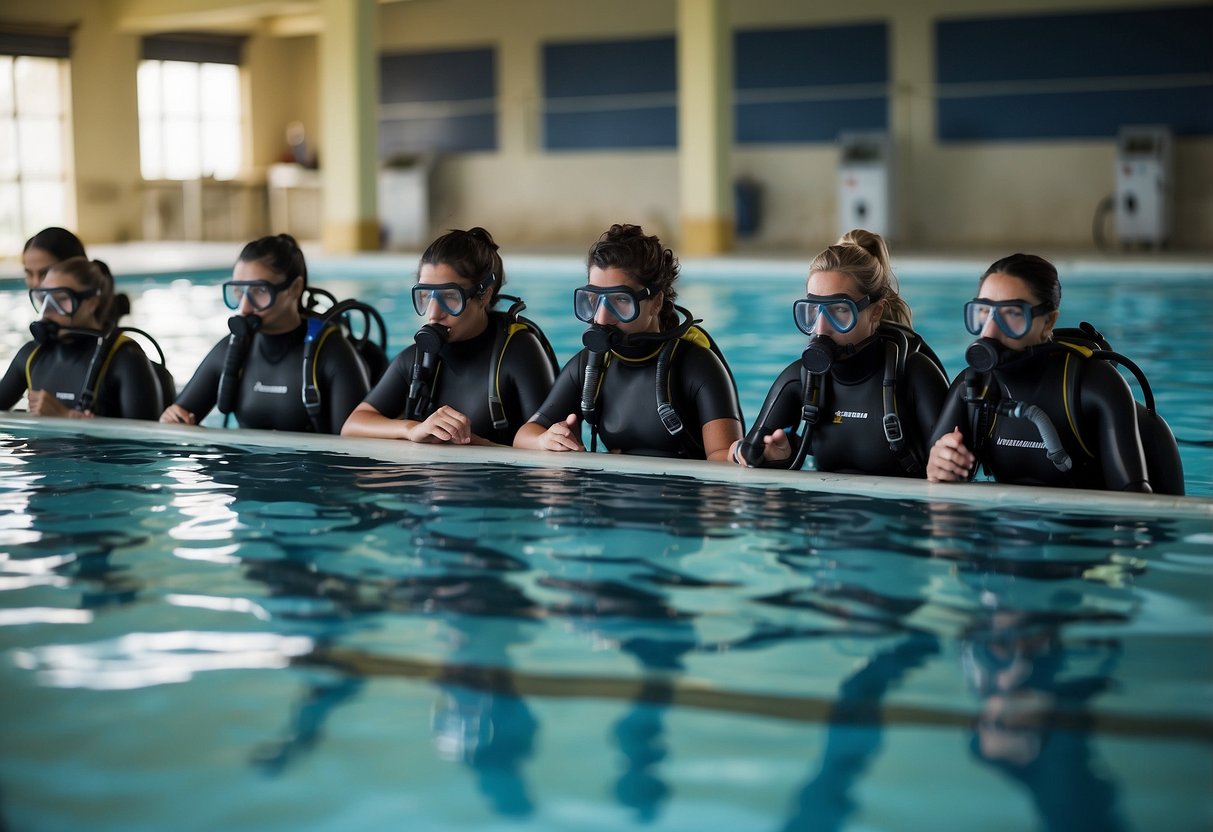 A group of students in scuba gear practice diving techniques in a pool under the guidance of an instructor