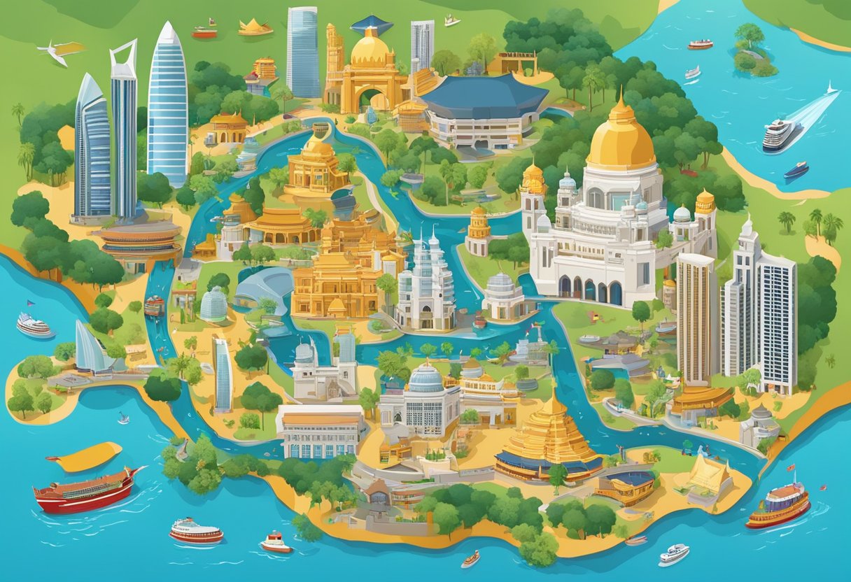 A colorful map of Singapore with iconic landmarks and symbols, surrounded by diverse cultural elements and vibrant city scenes
