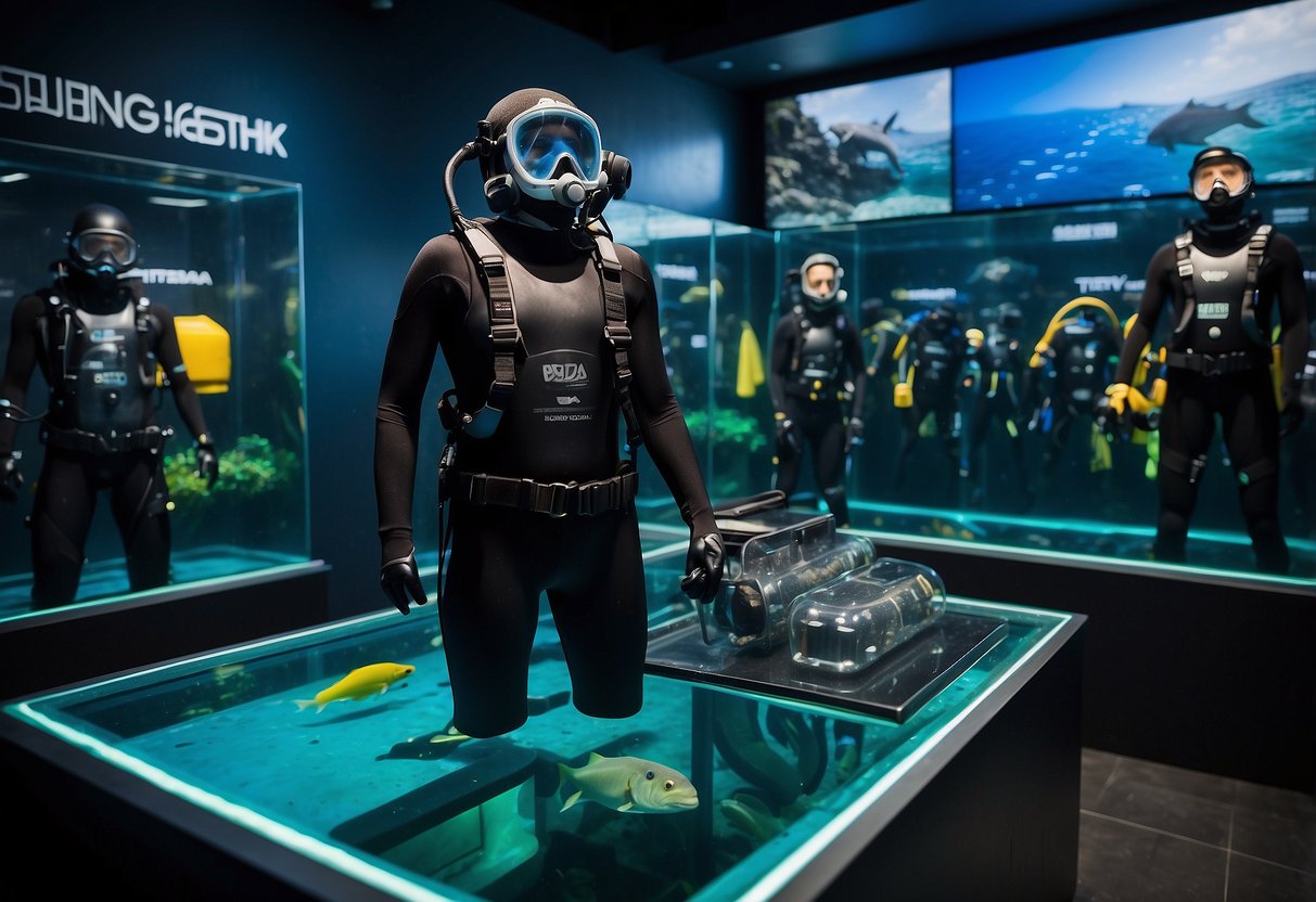 A table displays scuba gear: tanks, masks, fins, and regulators. A wetsuit hangs nearby. The backdrop shows underwater scenes