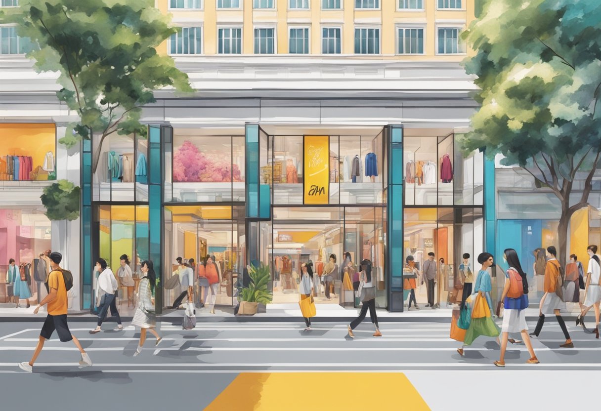The bustling streets of Singapore surround the vibrant storefront of H&M, with colorful displays and trendy fashion attracting passersby