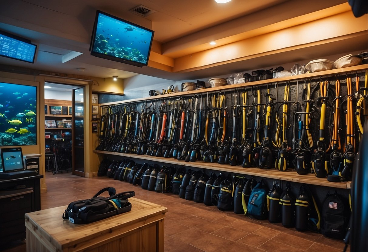 A colorful array of scuba gear lines the walls of the dive shop. A large tank of water showcases various marine life, while a map on the wall highlights local diving spots