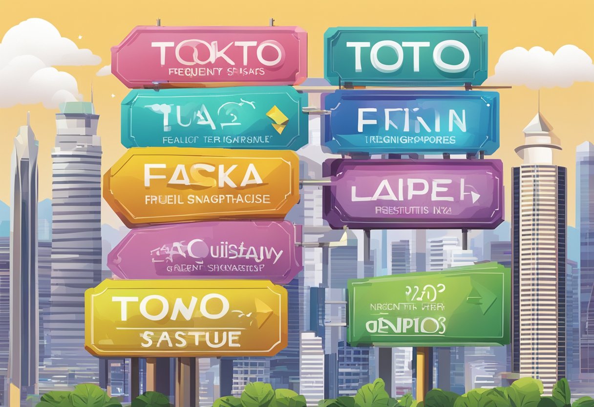 A colorful signboard with "Frequently Asked Questions" at the top, and "toto singapore" below, against a backdrop of the Singapore skyline