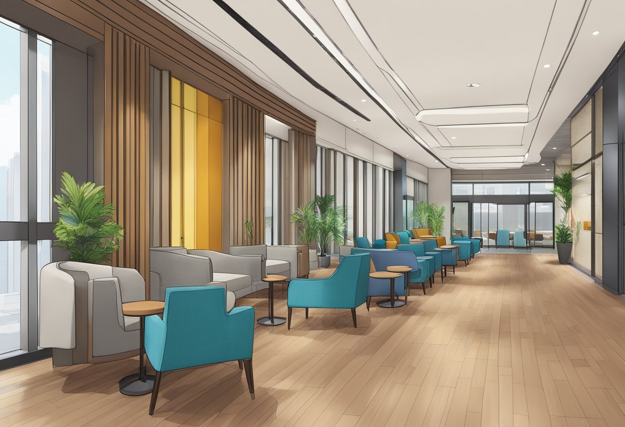 The Holiday Inn Express Singapore Orchard Road features a modern, bustling lobby with sleek furniture and a vibrant color palette. The reception area is bright and welcoming, with large windows allowing natural light to flood the space