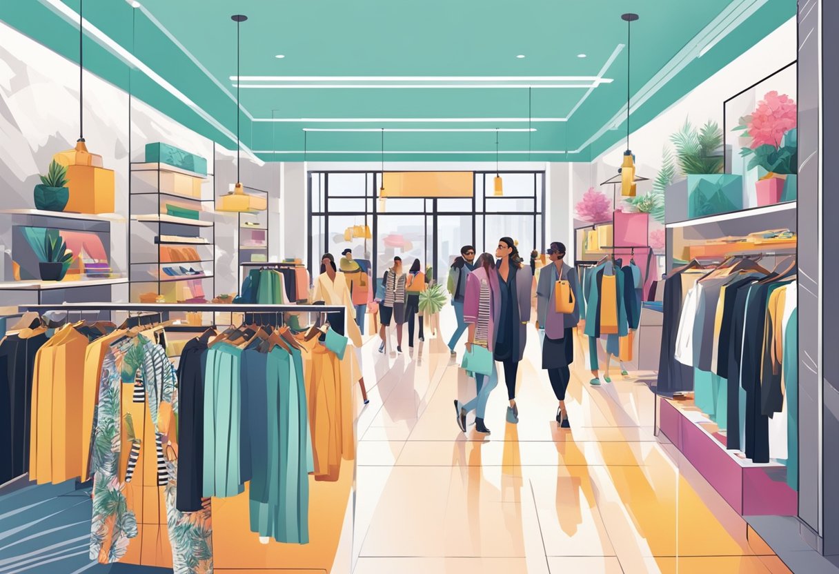 A vibrant fashion store with trendy displays and bustling shoppers in a modern urban setting