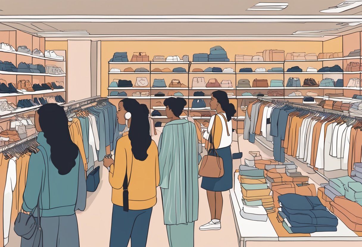 A crowded store with people browsing and asking questions at an H&M store in Singapore. Shelves are stocked with clothing and accessories