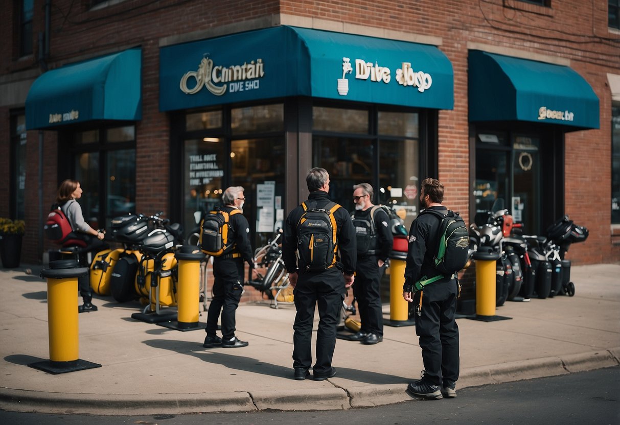 Divers gather around a Cincinnati dive shop, exchanging gear and stories. The shop's logo prominently displayed on the storefront