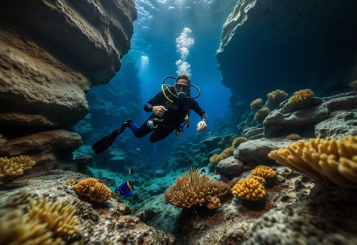 A diver exploring underwater caves in Cincinnati, surrounded by colorful marine life and rock formations