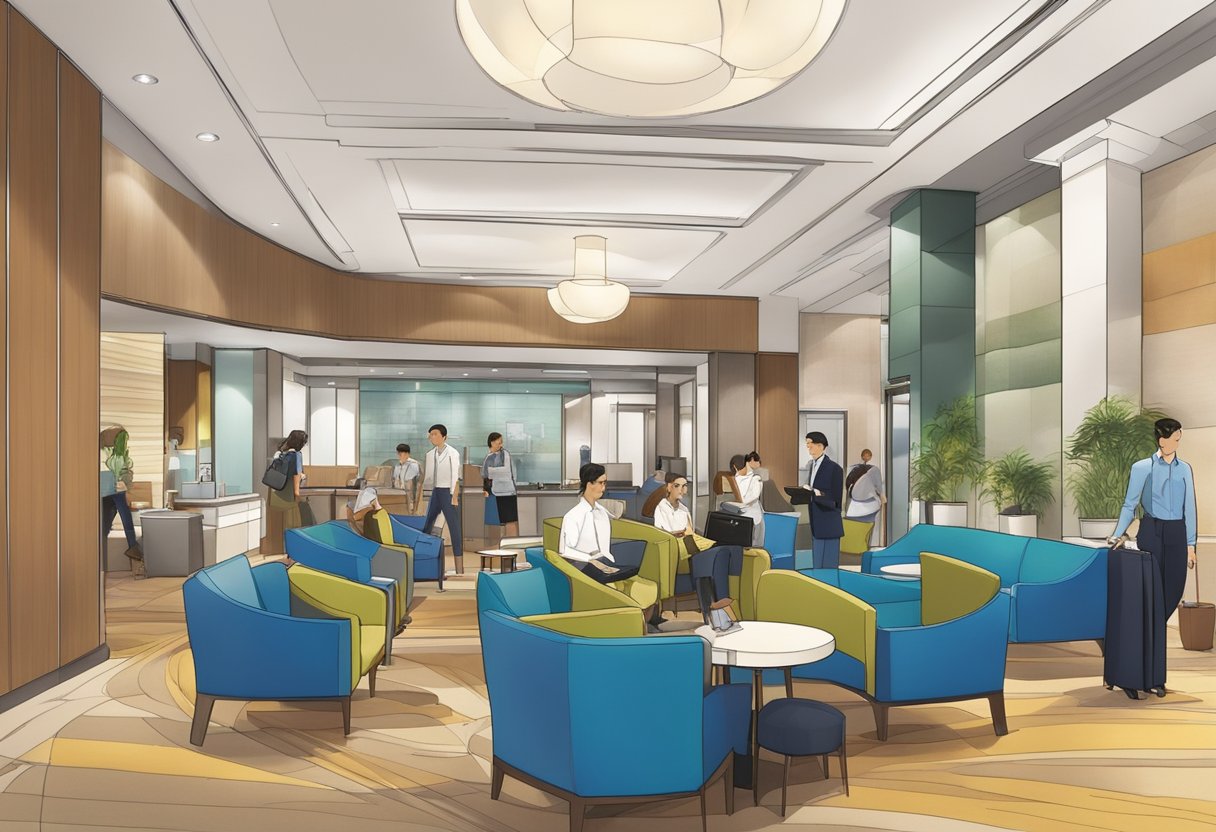 The lobby of Holiday Inn Express Singapore Orchard Road bustles with guests seeking information from the Frequently Asked Questions board. Bright lights and modern furnishings create a welcoming atmosphere