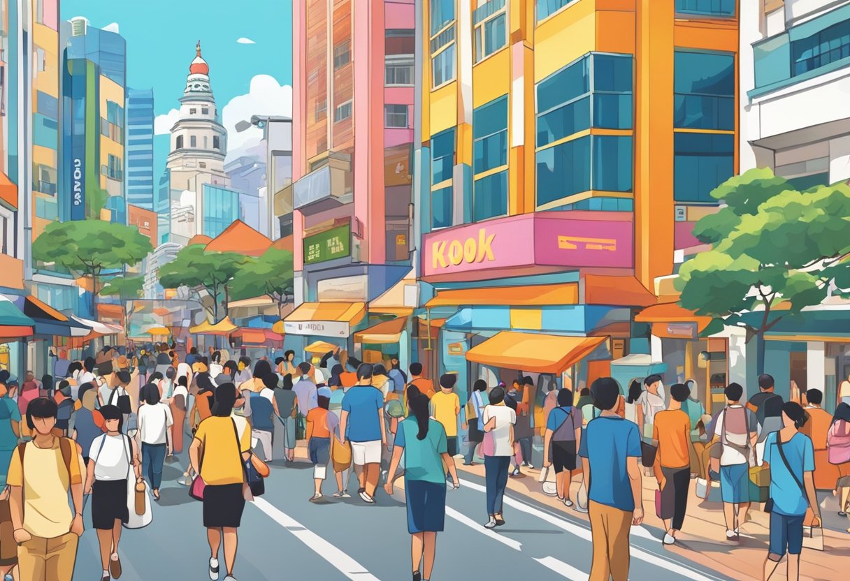 A bustling street in Klook Singapore, with colorful storefronts and bustling activity. Pedestrians and tourists fill the sidewalks, while iconic landmarks loom in the background
