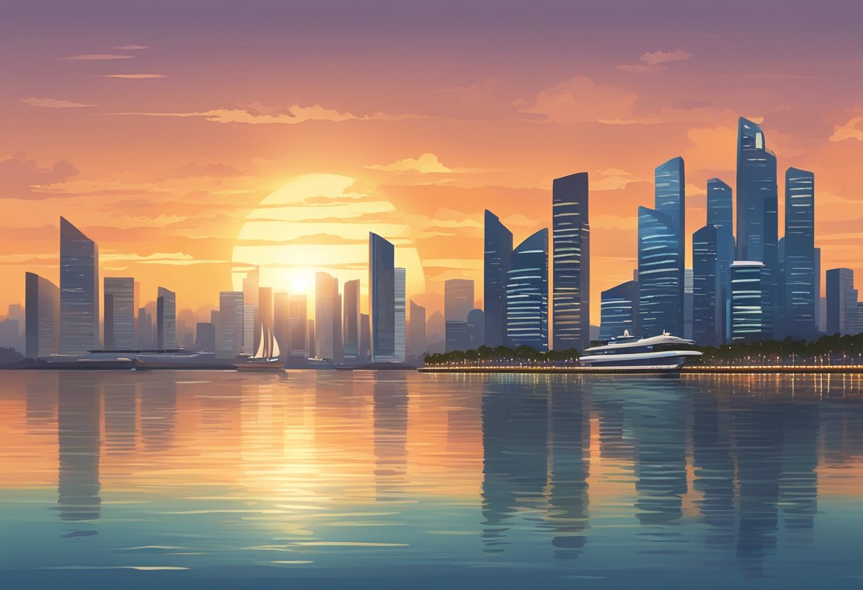 The sun sets over the calm waters of the Singapore Strait, casting a warm glow on the distant ships and the silhouetted skyline of the city