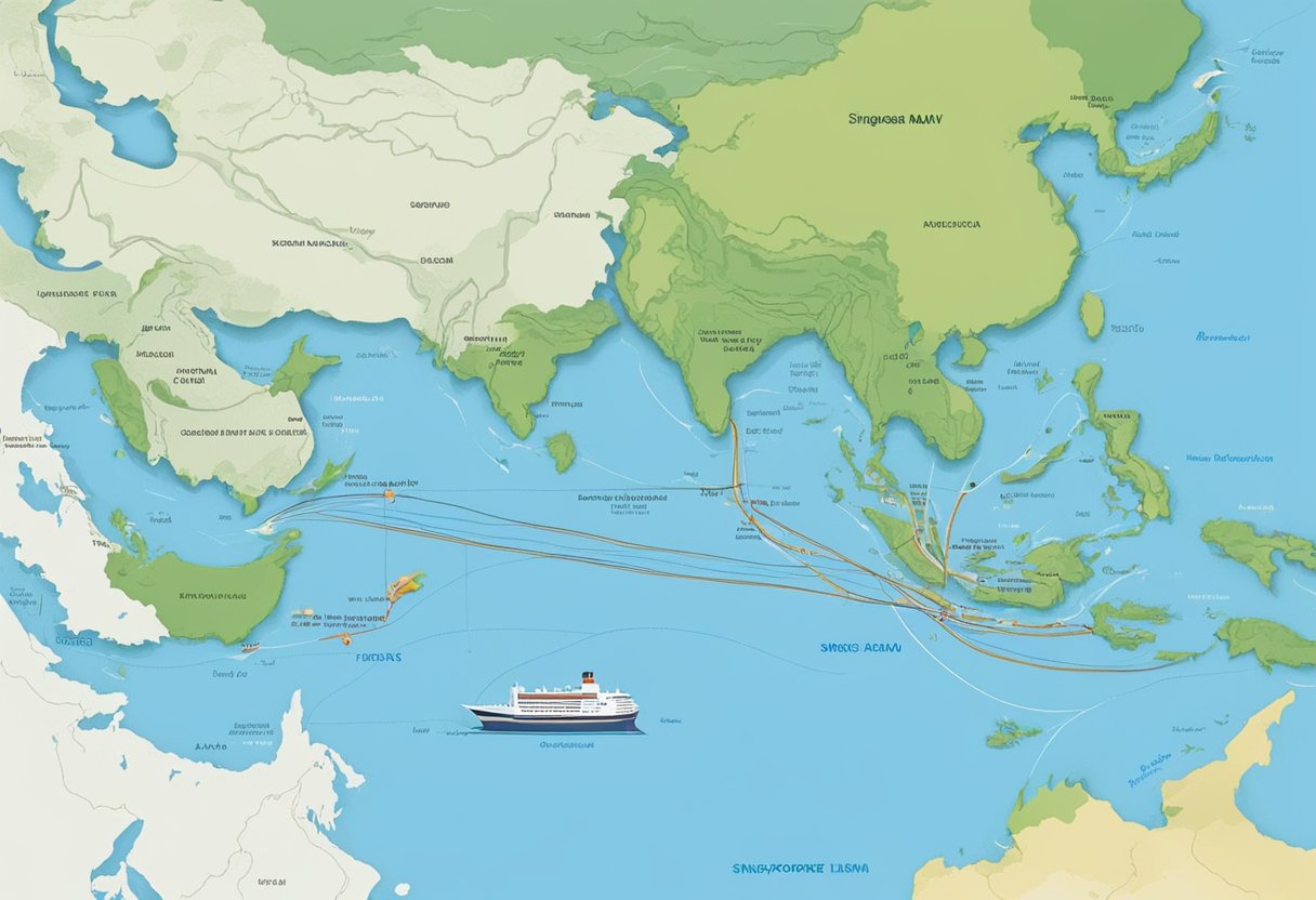 The Singapore Strait flows between Malaysia and Singapore, with ships navigating the busy waterway