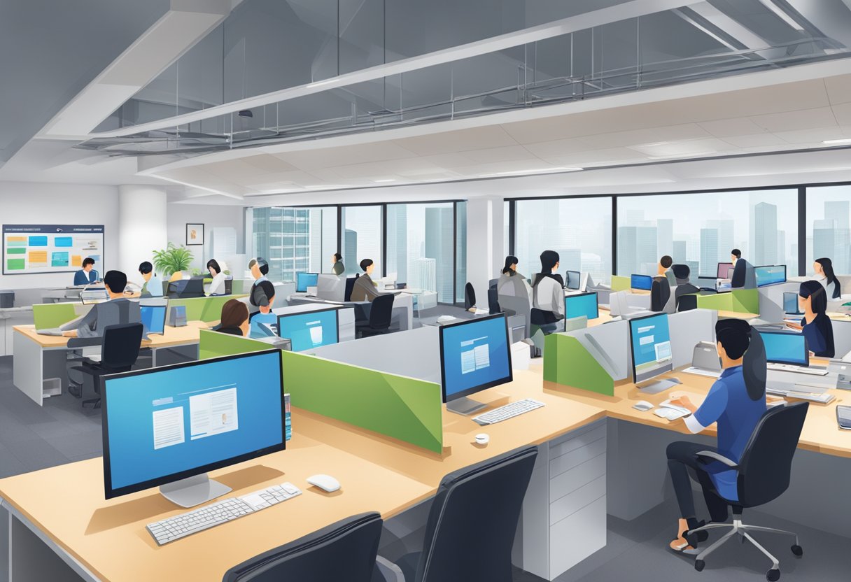 JobStreet Singapore office bustling with professionals, computers, and job seekers
