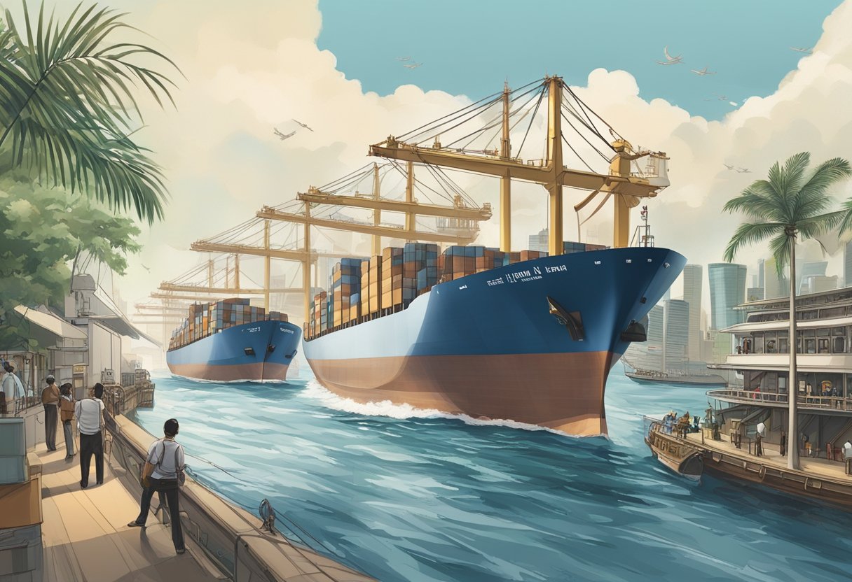 Ships navigate the bustling Singapore Strait, a vital trade route connecting the Indian and Pacific Oceans, symbolizing economic and political significance
