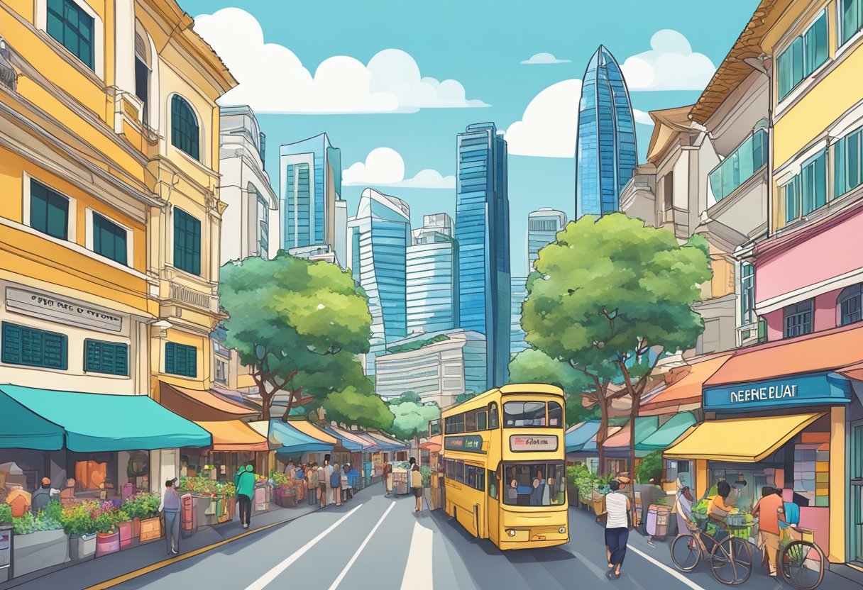 A bustling street in Singapore, with colorful shop houses, bustling markets, and iconic landmarks like the Merlion statue and Marina Bay Sands