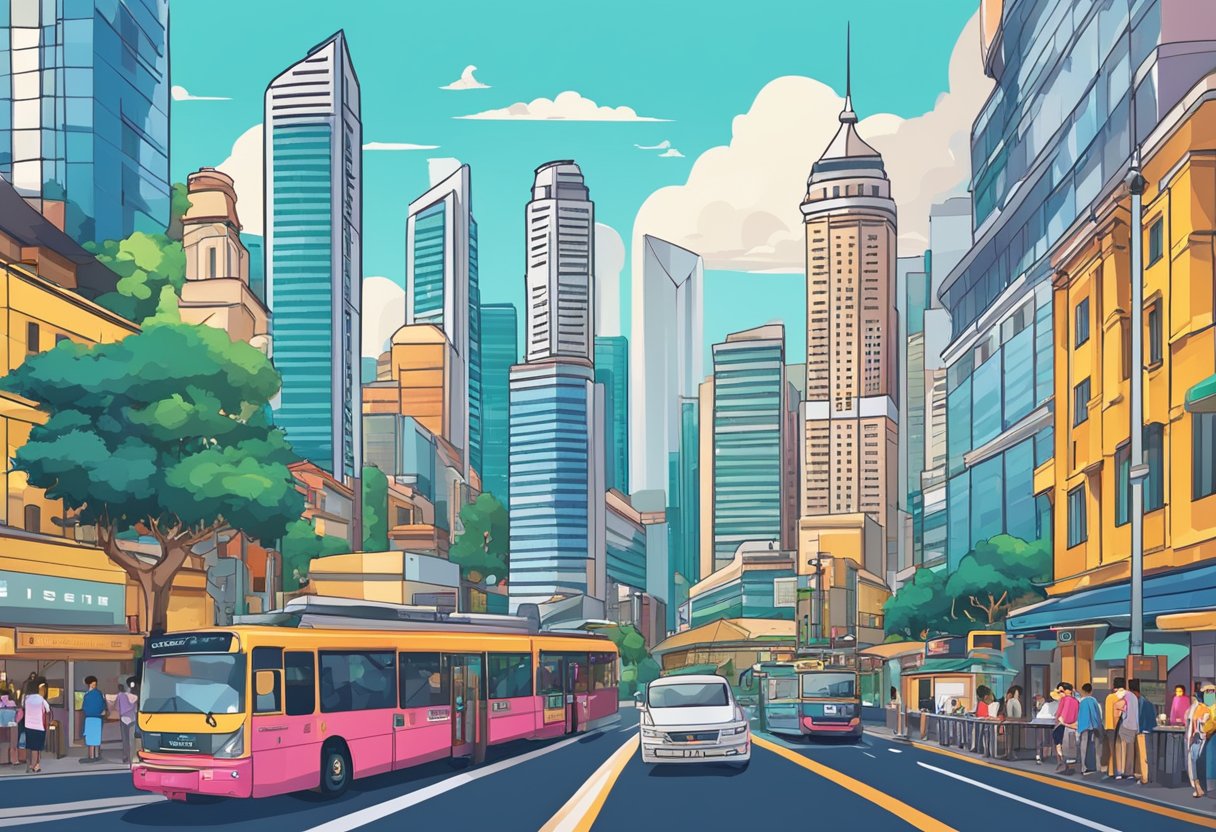 A bustling Singapore cityscape with iconic landmarks and bustling streets. Skyscrapers and vibrant colors fill the skyline