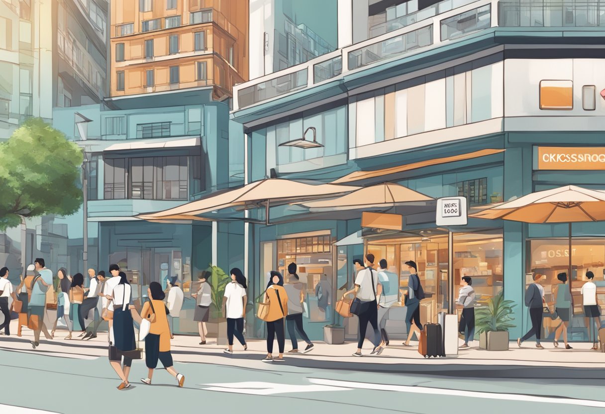 A bustling city street with a prominent sign reading "Frequently Asked Questions klook singapore" above a busy tourist information center