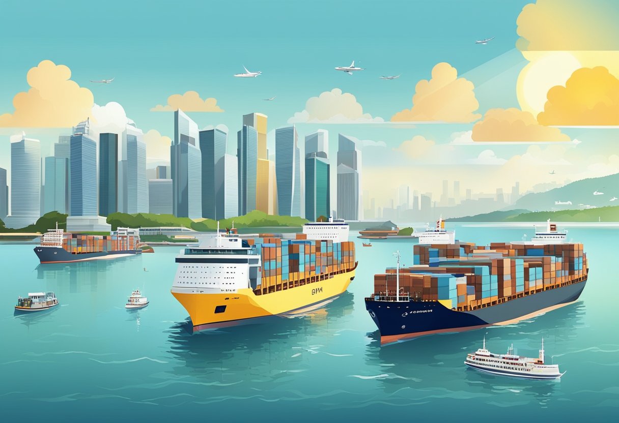 The bustling Singapore Strait with cargo ships, fishing boats, and ferries navigating the busy waters under the bright sun
