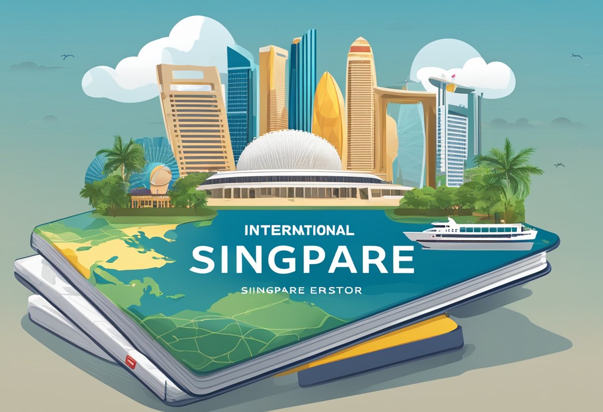 A passport with "International License Singapore" displayed, surrounded by iconic Singaporean landmarks