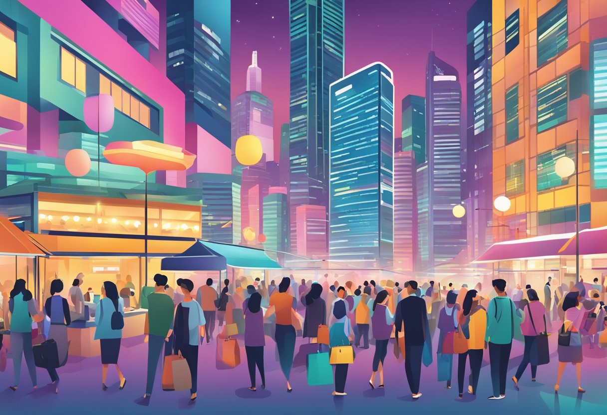 A bustling cityscape with skyscrapers, job fairs, and people networking. Bright lights and vibrant colors depict the energy and excitement of exploring job opportunities in Singapore