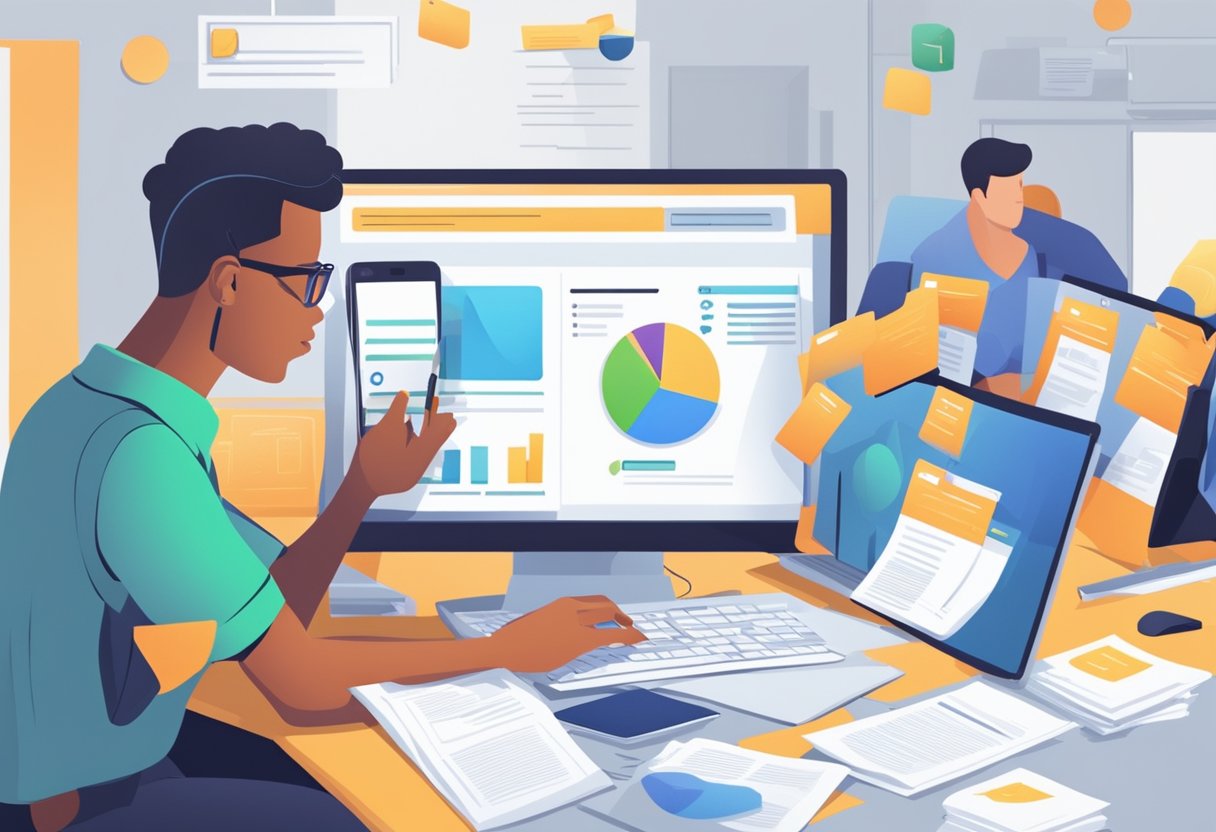 Job seekers searching online, scrolling through job listings, updating resumes, and submitting applications