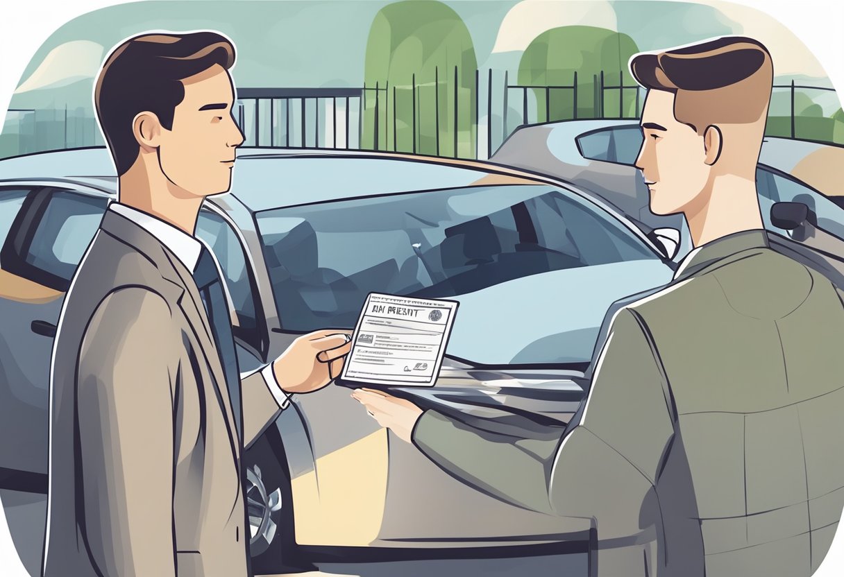 A person presenting an International Driving Permit to a rental car agent in a foreign country. The rental car agent is inspecting the permit and handing over the keys