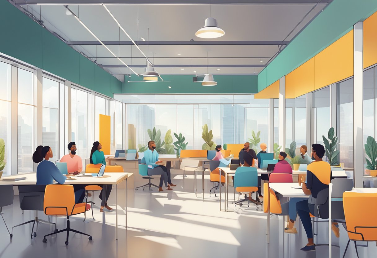 A diverse group of people discussing and collaborating in a modern, open office space with vibrant colors and natural light