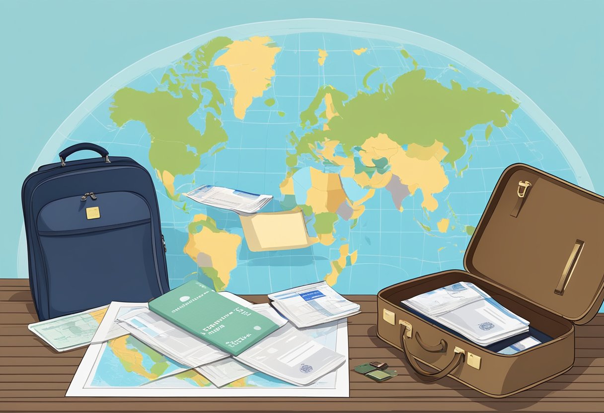 A suitcase with a passport, boarding pass, and travel insurance documents laid out on a table, with a world map in the background