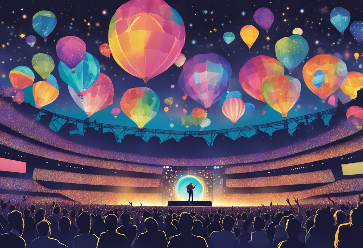 The stage is illuminated with vibrant colors as Coldplay performs in Singapore, with the crowd swaying to the music under a starry night sky
