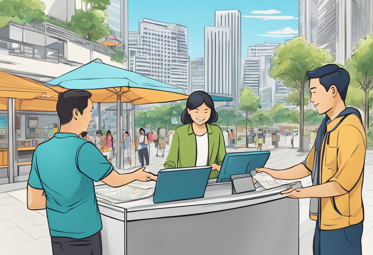 A traveler in Singapore buying travel insurance at a kiosk, with a map of the city in the background and a friendly agent explaining the coverage options