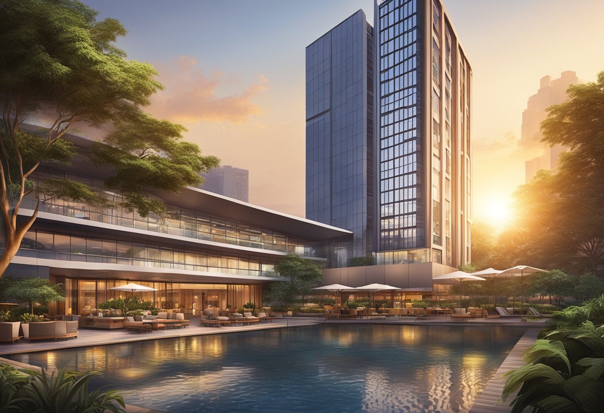The sun sets behind Four Points by Sheraton Singapore Riverview, casting a warm glow on the modern architecture and reflecting off the tranquil river below