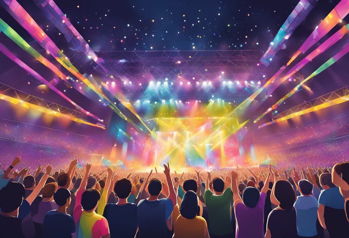 Crowd cheers as colorful lights illuminate stage, creating a vibrant atmosphere for Coldplay's performance in Singapore