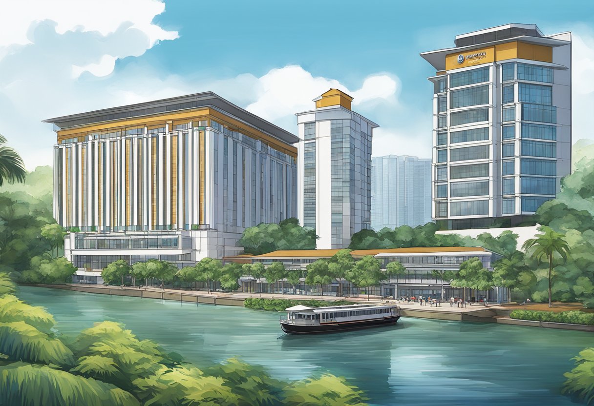 The scene depicts the exterior of the Four Points by Sheraton Singapore Riverview, showcasing the hotel's modern architecture, lush landscaping, and the Singapore River in the background