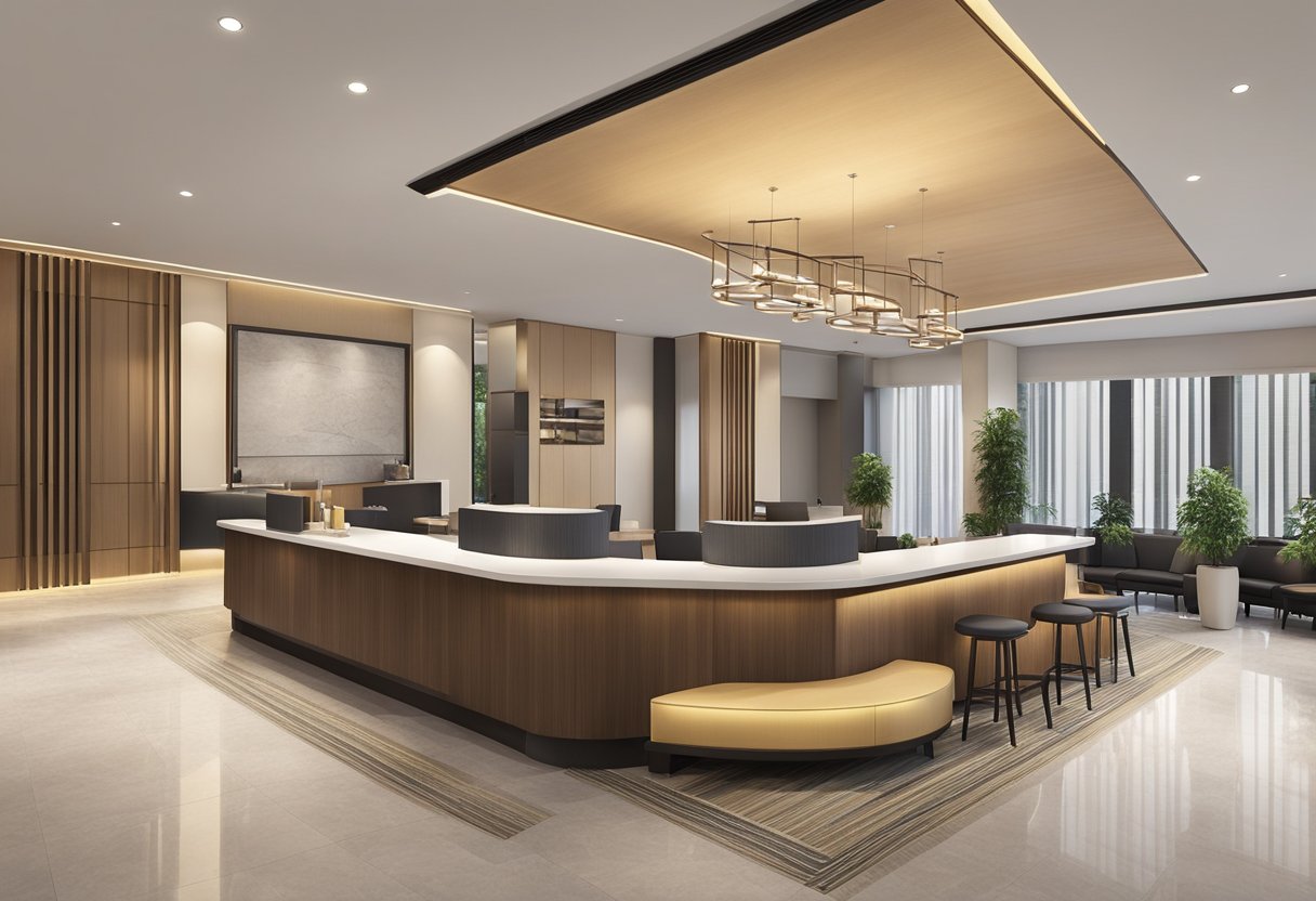 The lobby of Four Points by Sheraton Singapore Riverview features a sleek reception desk, comfortable seating areas, and a modern, welcoming atmosphere. The hotel staff is seen attending to guests' needs with professionalism and warmth