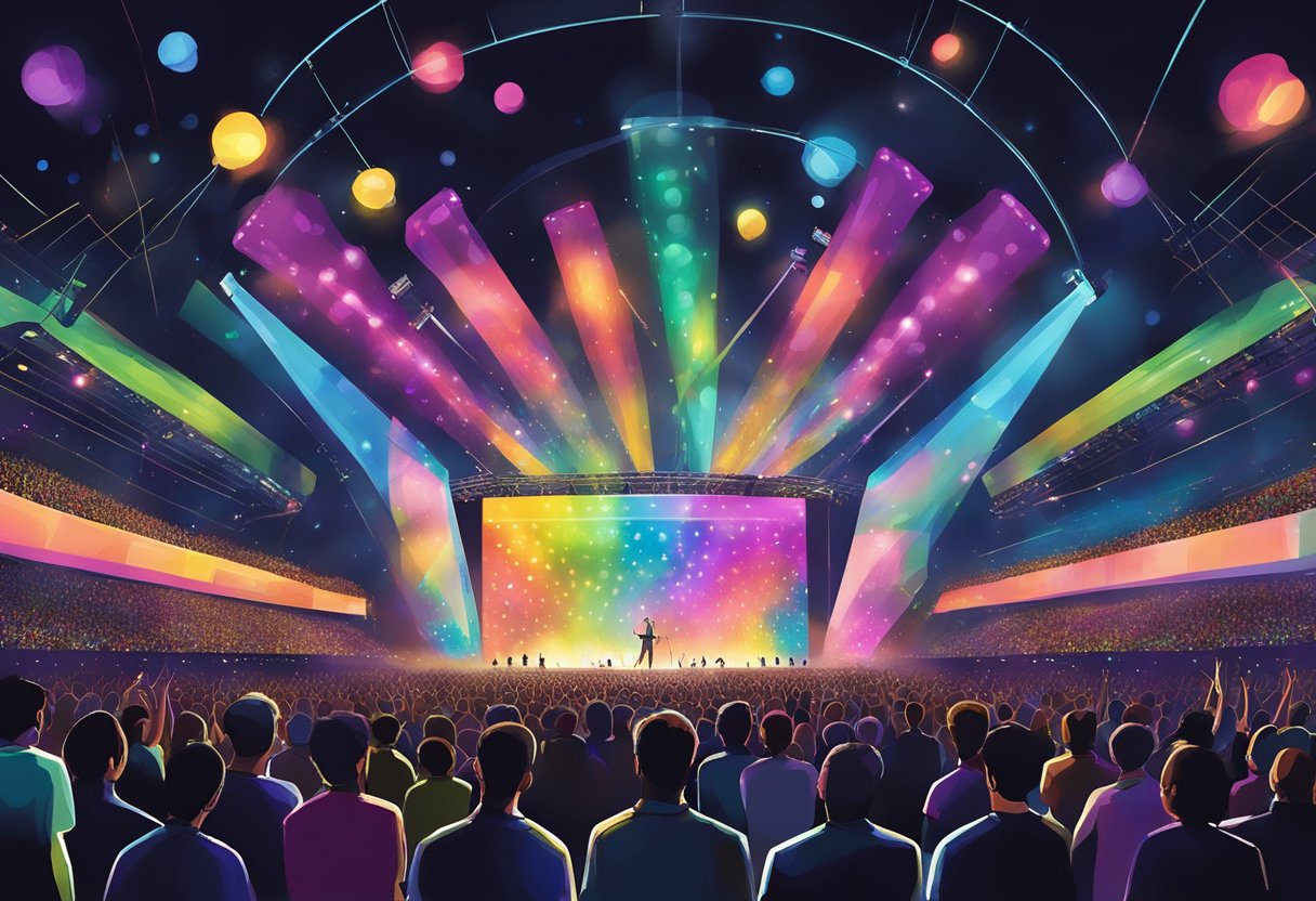 Colorful lights illuminate the stage as instruments are played, creating a vibrant atmosphere for the audience at the Coldplay concert in Singapore