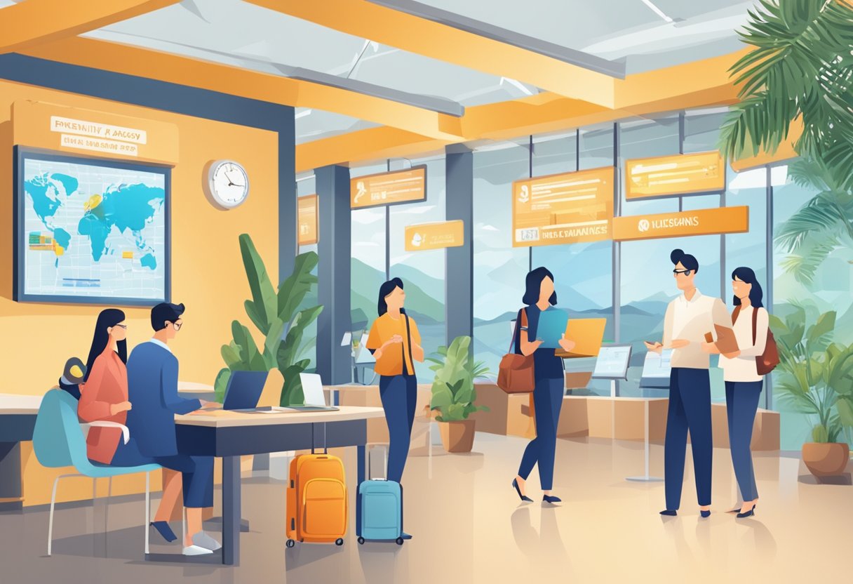 A bustling travel agency with a sign "Frequently Asked Questions: Travel Insurance Singapore" displayed prominently. Customers and agents engaged in conversation